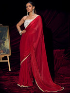 Classic Red Solid Art Silk Saree With Refined Lace Border Work