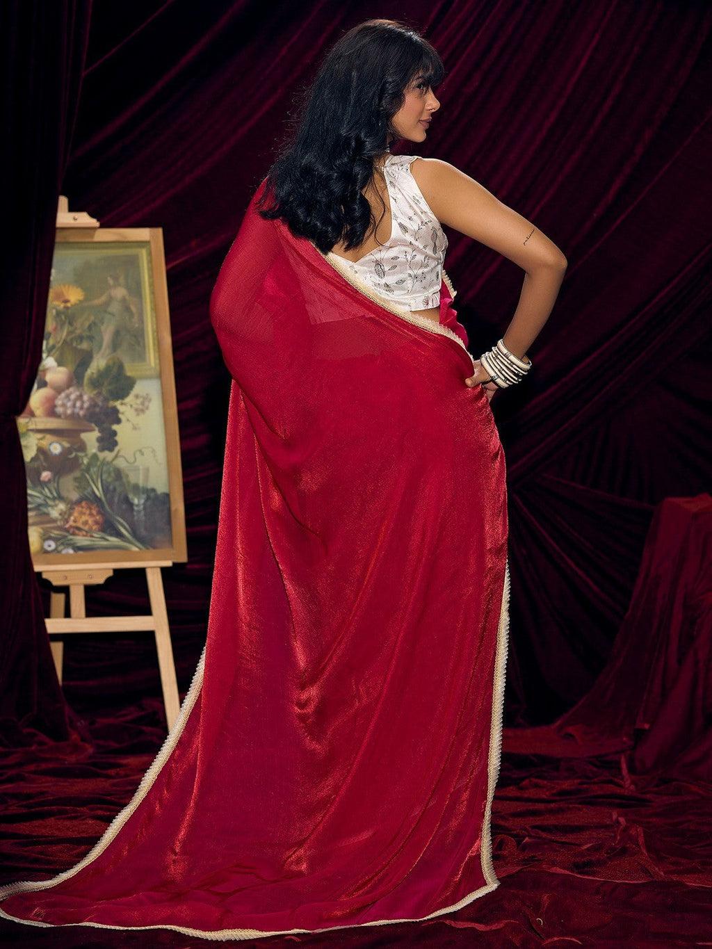 Classic Red Solid Art Silk Saree With Refined Lace Border Work