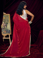Classic Red Solid Art Silk Saree With Refined Lace Border Work