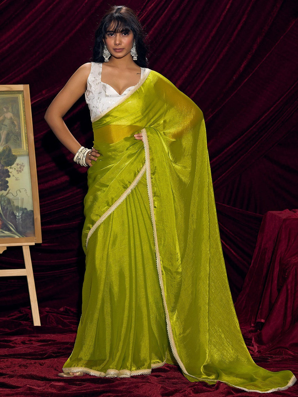 Classic Parrot Green Solid Art Silk Saree With Refined Lace Border Work