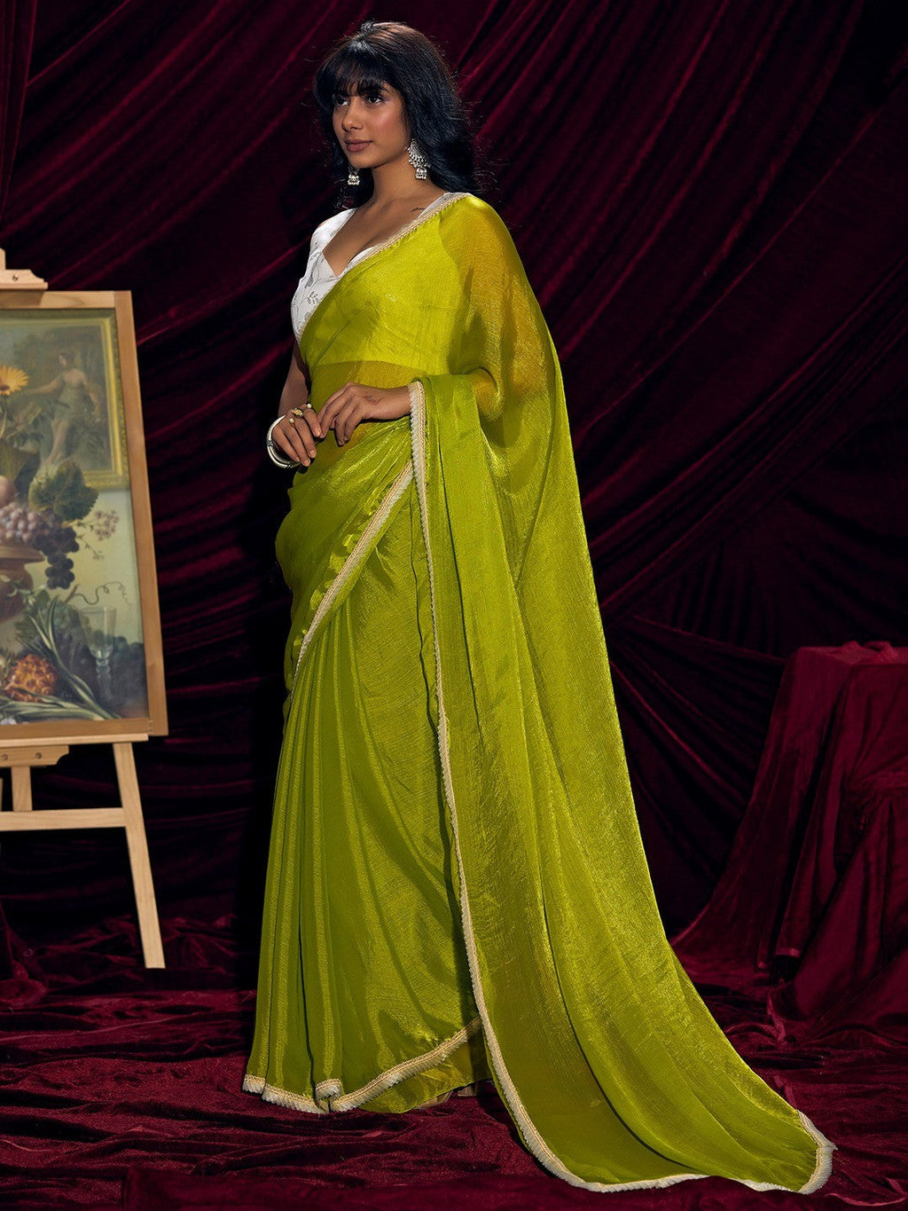 Classic Parrot Green Solid Art Silk Saree With Refined Lace Border Work