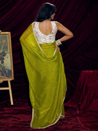 Classic Parrot Green Solid Art Silk Saree With Refined Lace Border Work