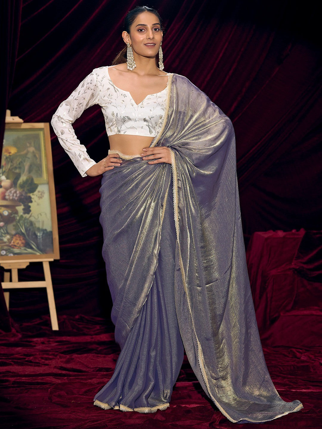 Classic Greyish Purple Solid Art Silk Saree With Refined Lace Border Work