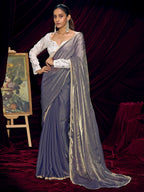 Classic Greyish Purple Solid Art Silk Saree With Refined Lace Border Work