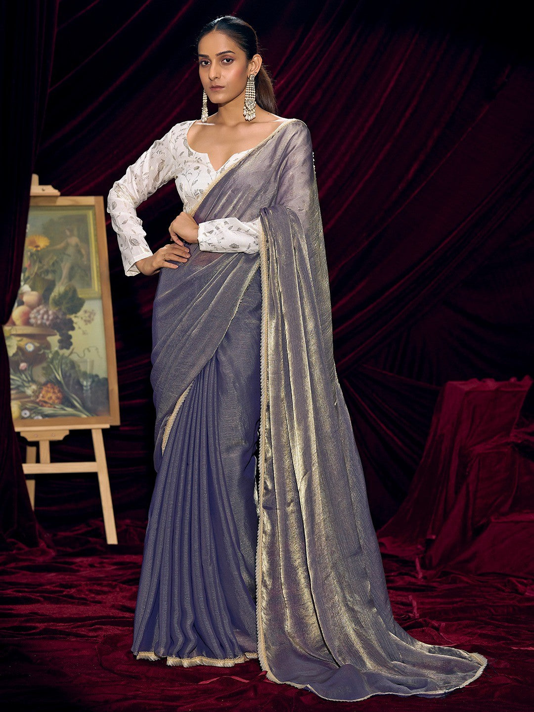 Classic Greyish Purple Solid Art Silk Saree With Refined Lace Border Work