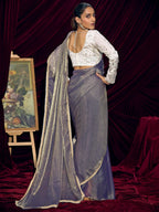 Classic Greyish Purple Solid Art Silk Saree With Refined Lace Border Work