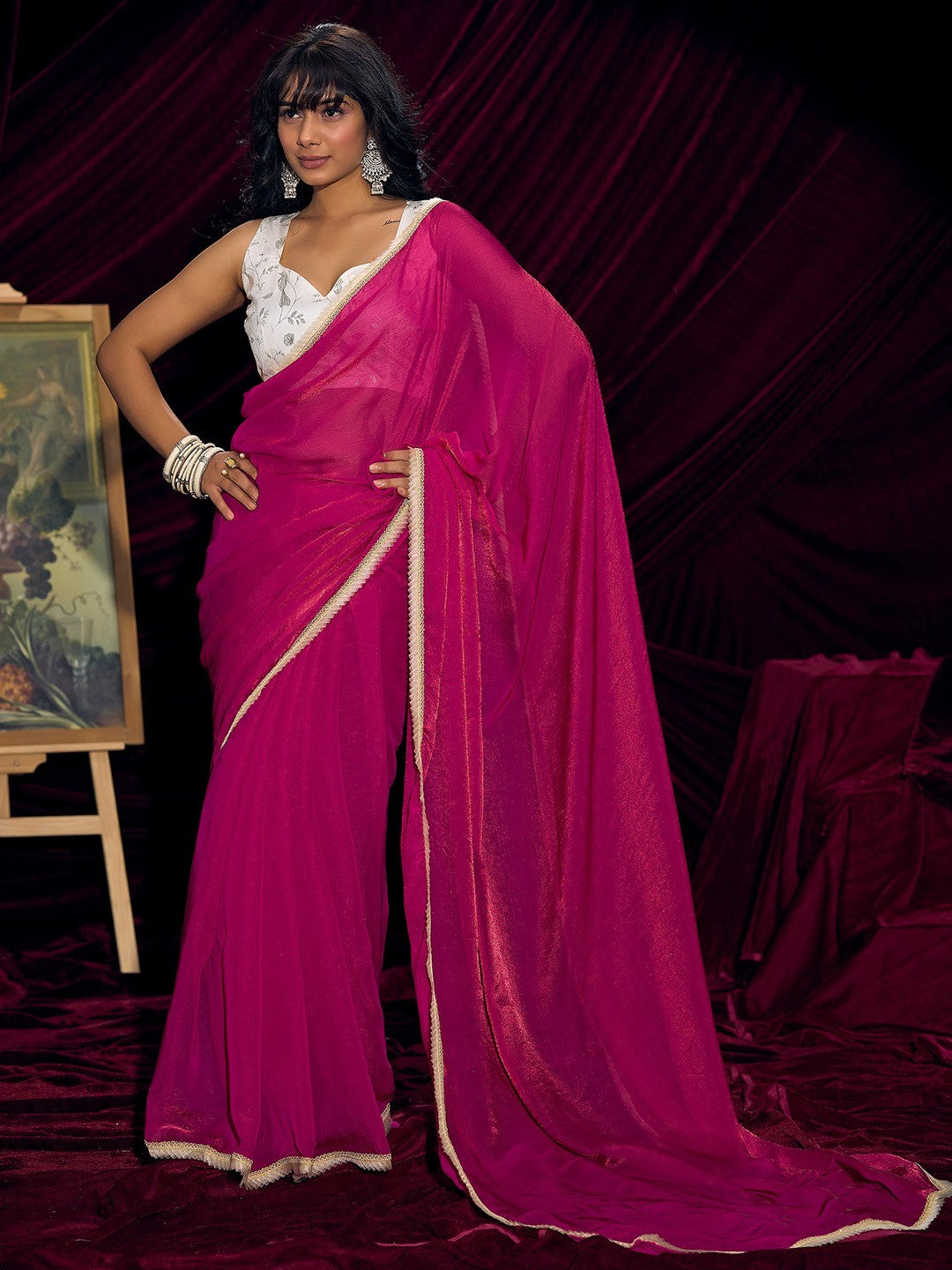 Classic Pink Solid Art Silk Saree With Refined Lace Border Work