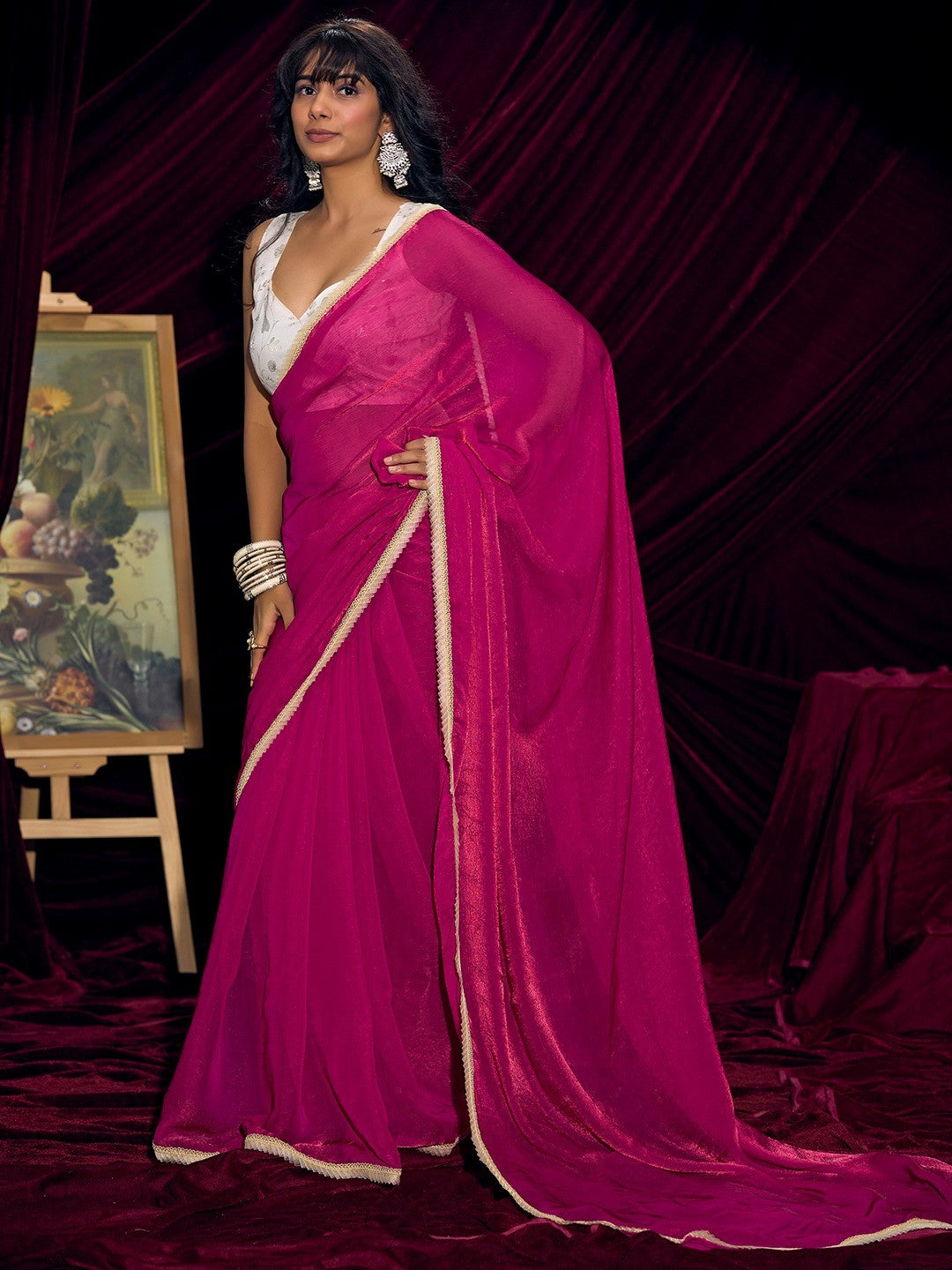 Classic Pink Solid Art Silk Saree With Refined Lace Border Work