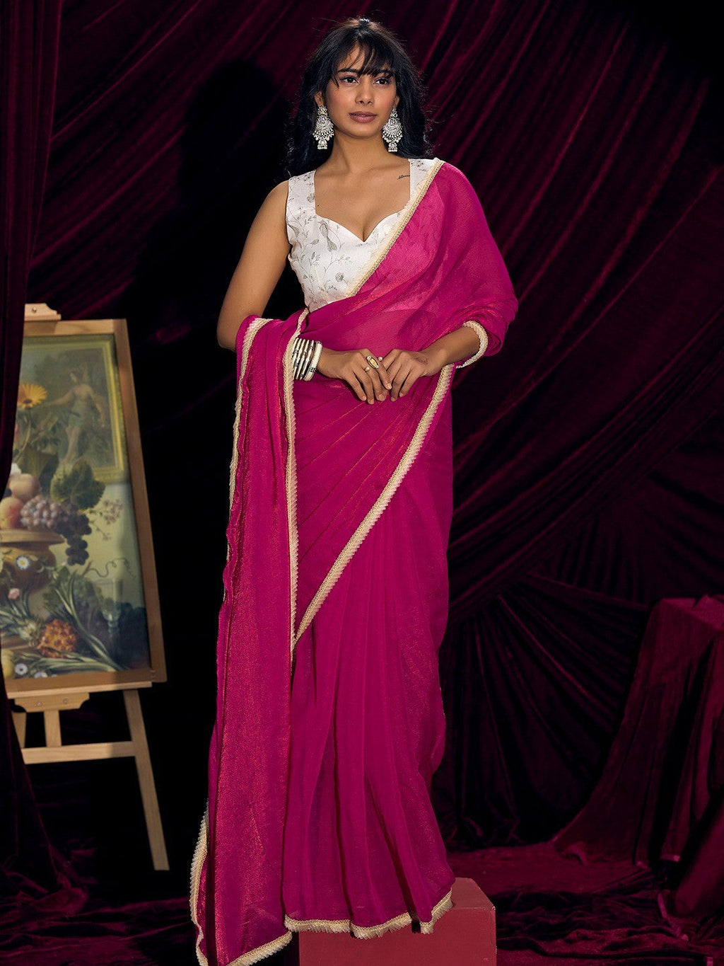 Classic Pink Solid Art Silk Saree With Refined Lace Border Work