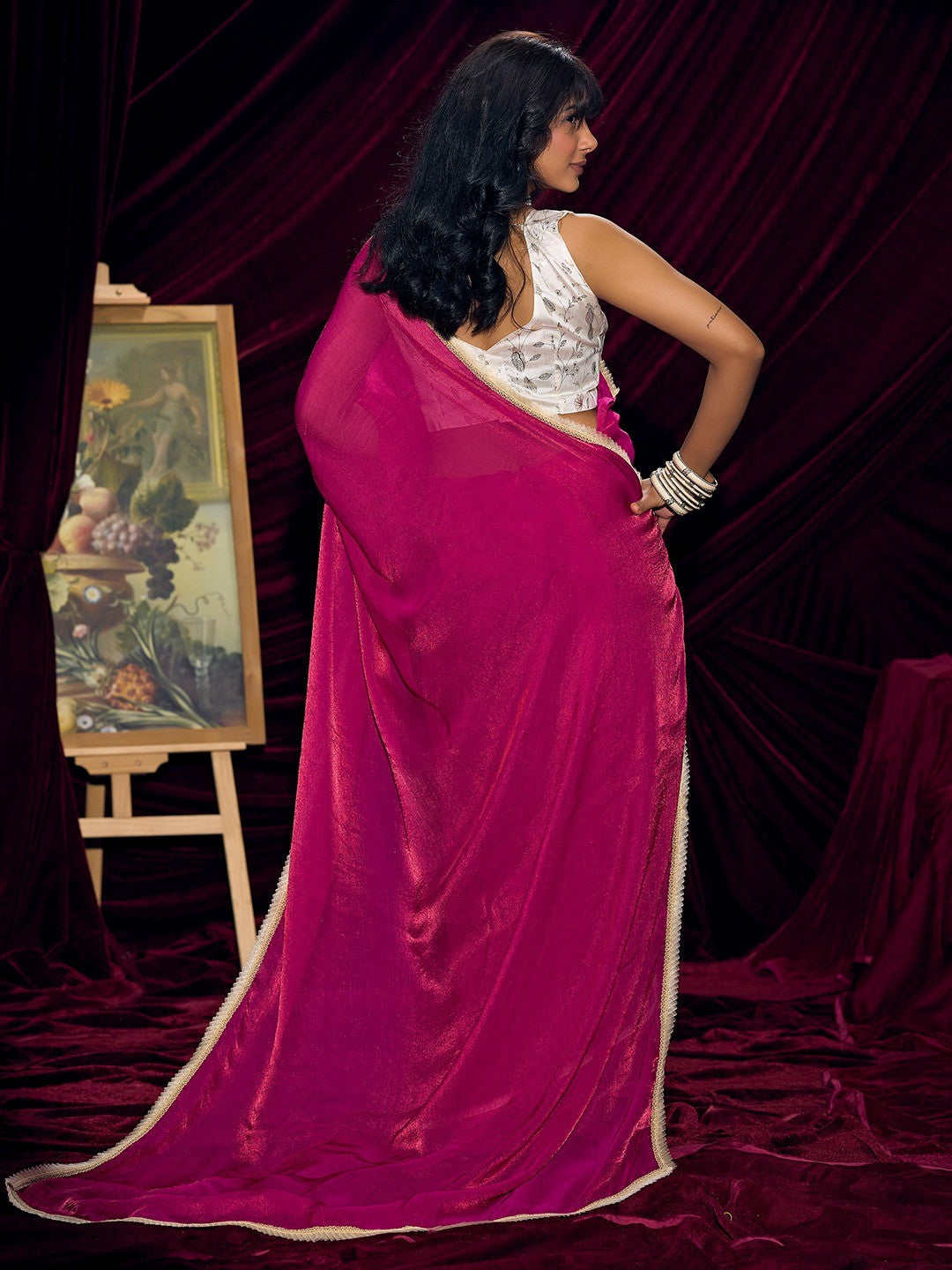 Classic Pink Solid Art Silk Saree With Refined Lace Border Work