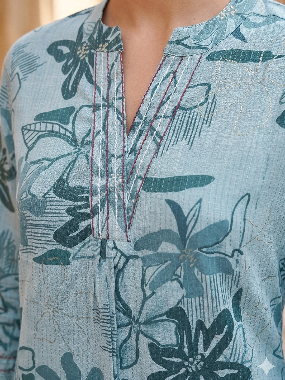 Premium Sea Green Rayon Top with Floral Design Elegant Casual Look