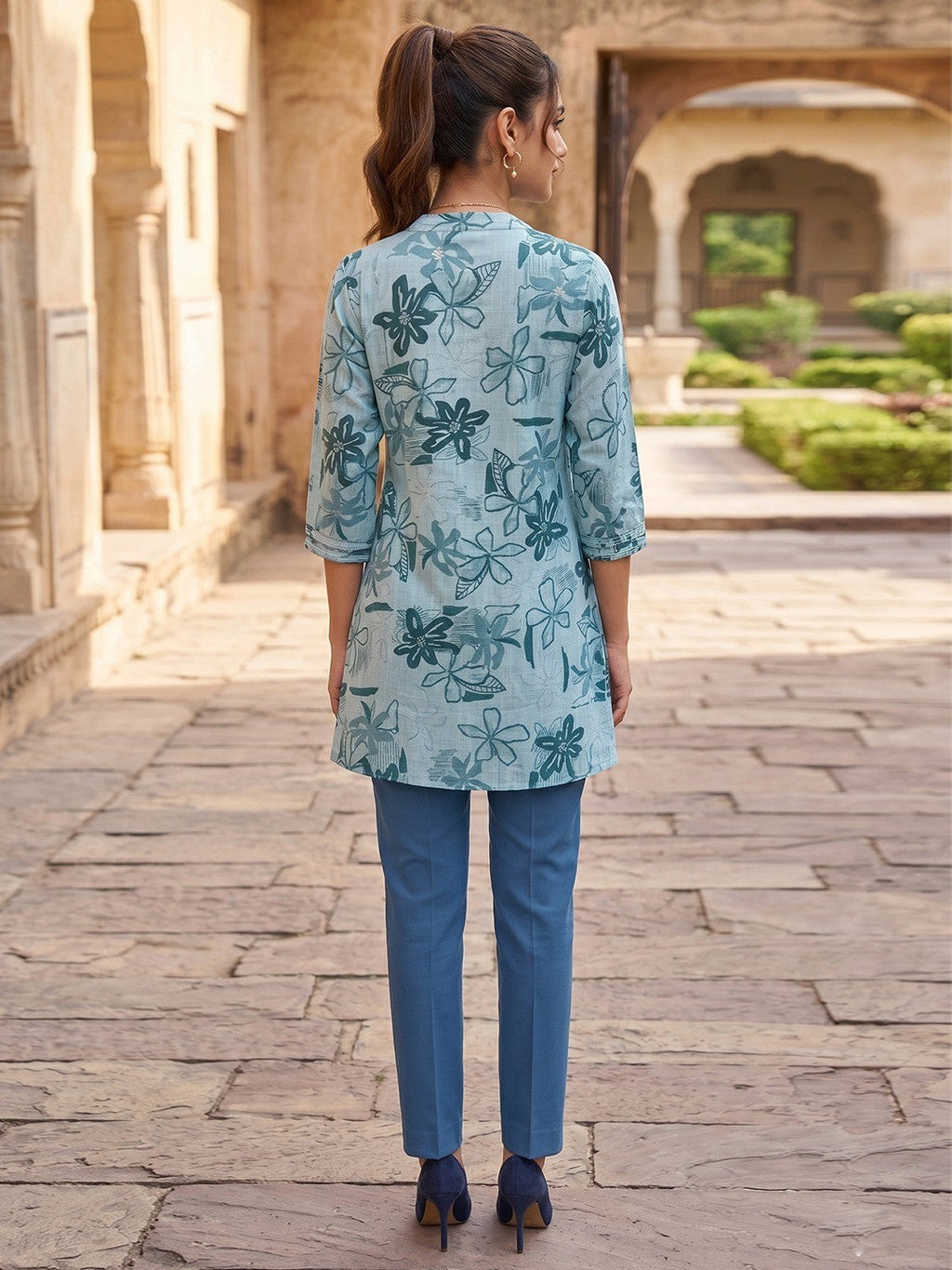 Premium Sea Green Rayon Top with Floral Design Elegant Casual Look