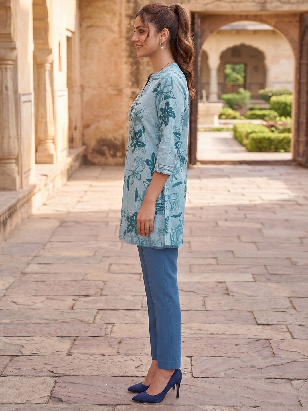 Premium Sea Green Rayon Top with Floral Design Elegant Casual Look