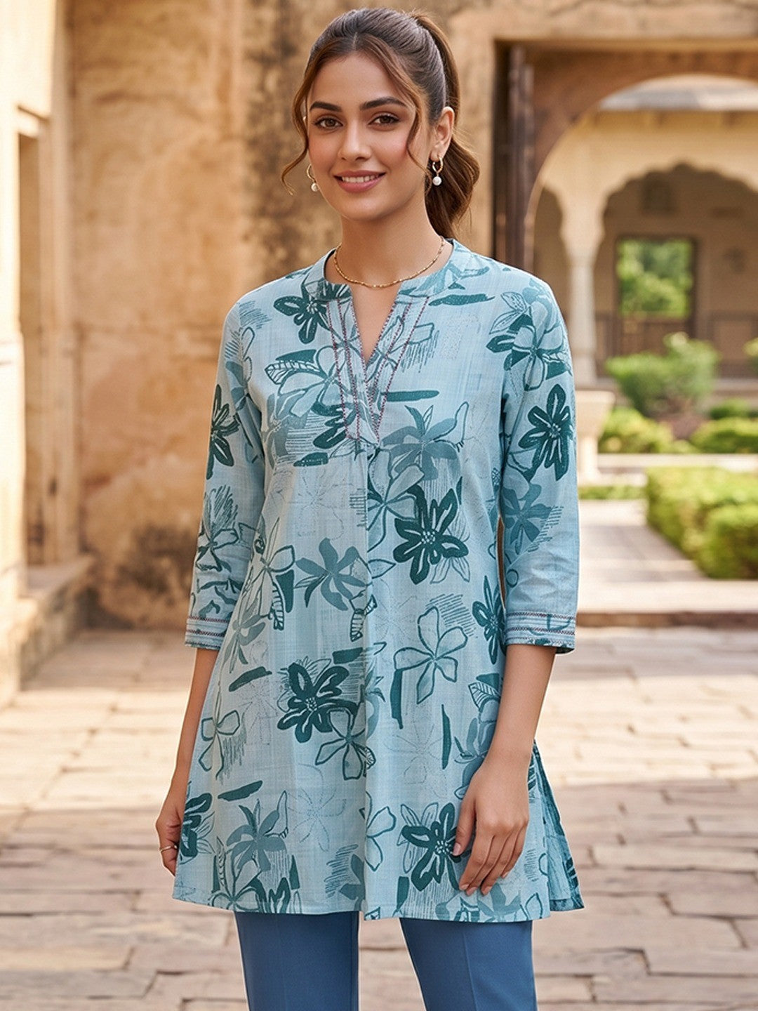 Premium Sea Green Rayon Top with Floral Design Elegant Casual Look