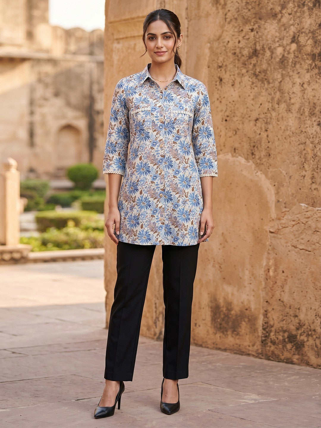 Chic Cream Floral Printed Pure Cotton Top Trendy Casual Wear