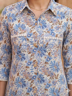 Chic Cream Floral Printed Pure Cotton Top Trendy Casual Wear