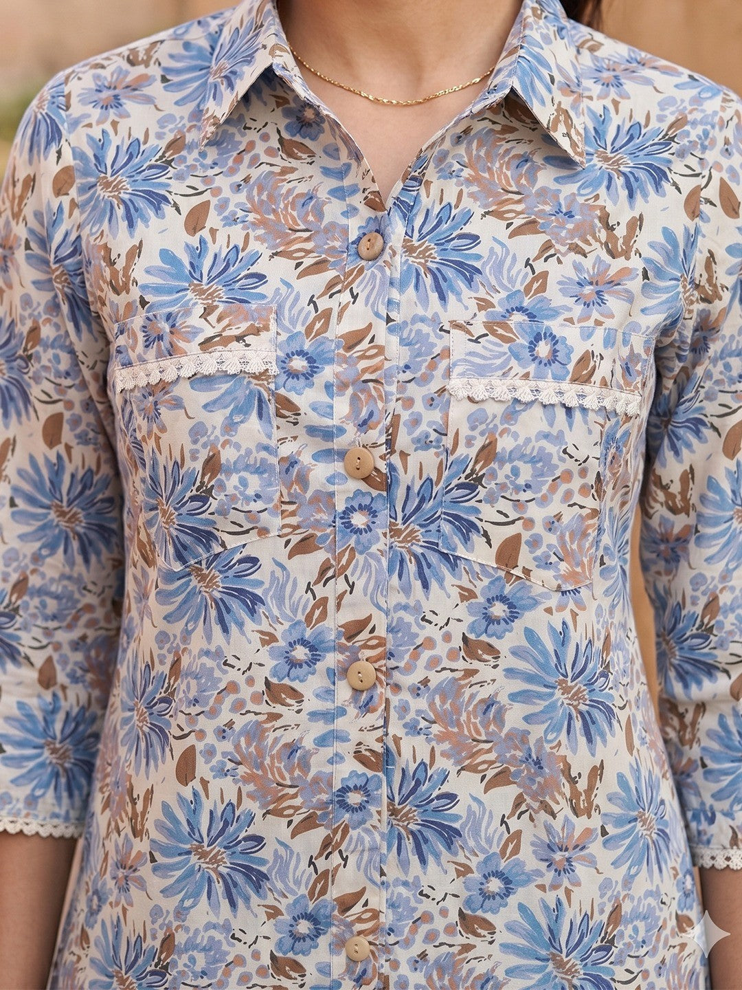 Chic Cream Floral Printed Pure Cotton Top Trendy Casual Wear