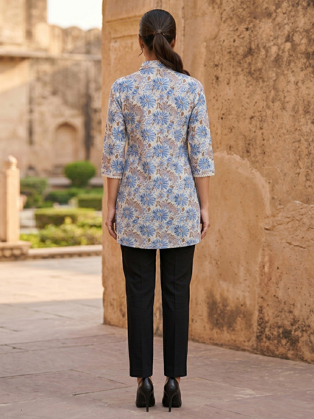 Chic Cream Floral Printed Pure Cotton Top Trendy Casual Wear