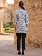 Chic Cream Floral Printed Pure Cotton Top Trendy Casual Wear