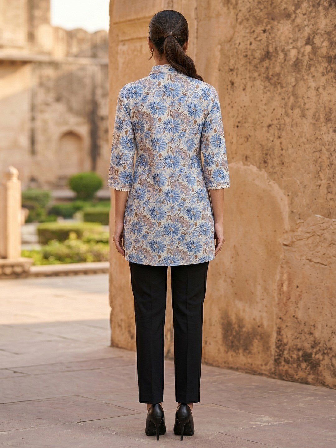 Chic Cream Floral Printed Pure Cotton Top Trendy Casual Wear