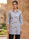 Chic Cream Floral Printed Pure Cotton Top Trendy Casual Wear
