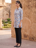 Chic Cream Floral Printed Pure Cotton Top Trendy Casual Wear