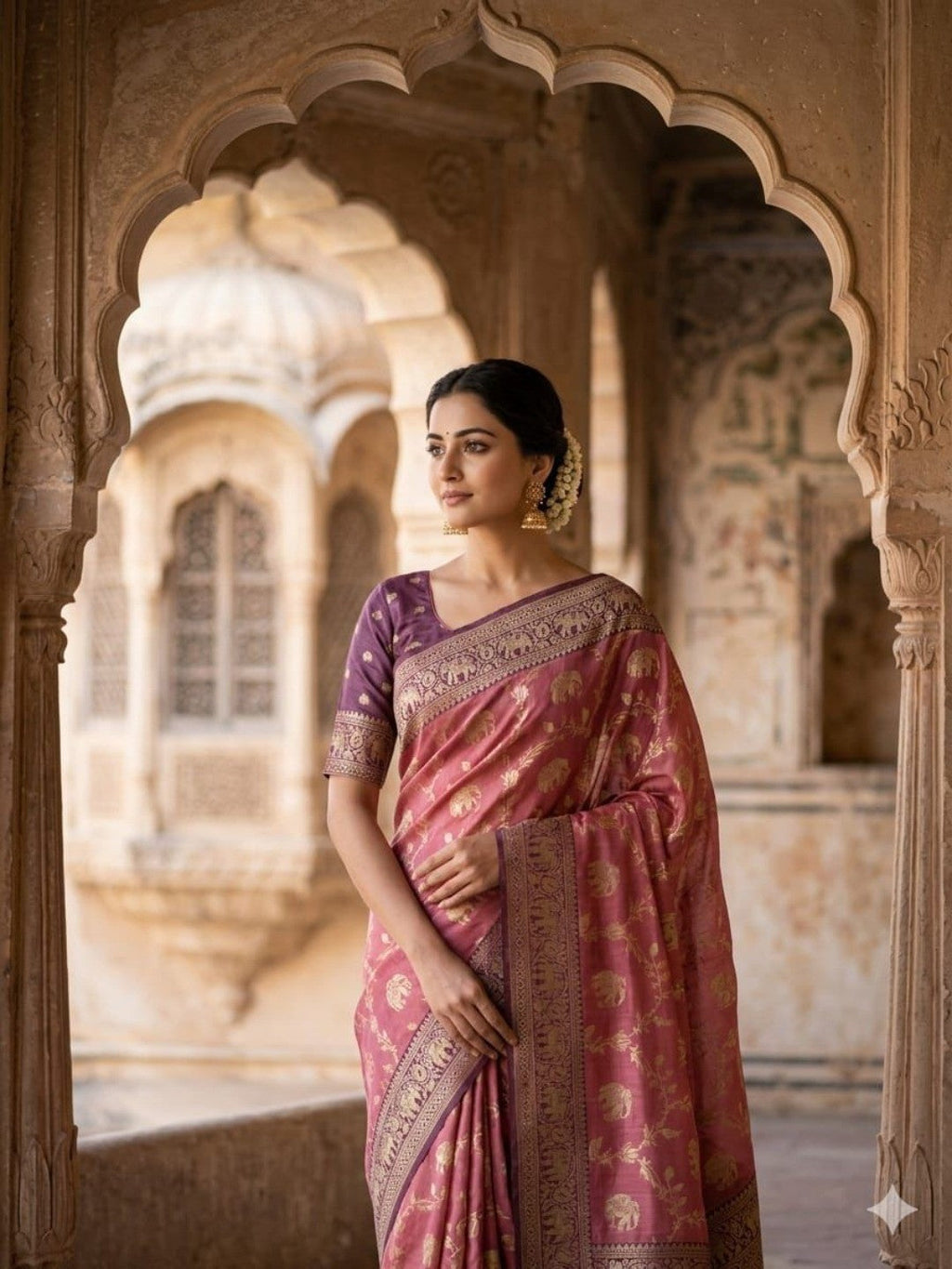 Elegant Mauve Silk Blend Woven Zari Saree with Intricate Elephant Motifs