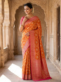 Elegant Orange Silk Blend Woven Zari Saree with Intricate Elephant Motifs