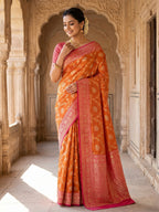 Elegant Orange Silk Blend Woven Zari Saree with Intricate Elephant Motifs