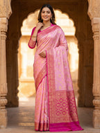 Elegant Pink Silk Blend Woven Zari Saree with Intricate Elephant Motifs