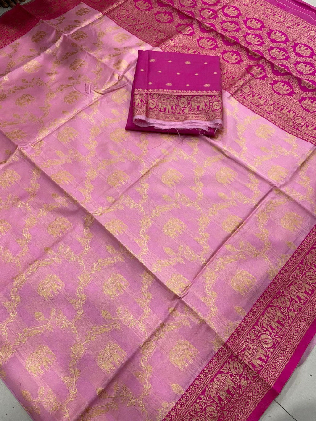 Elegant Pink Silk Blend Woven Zari Saree with Intricate Elephant Motifs