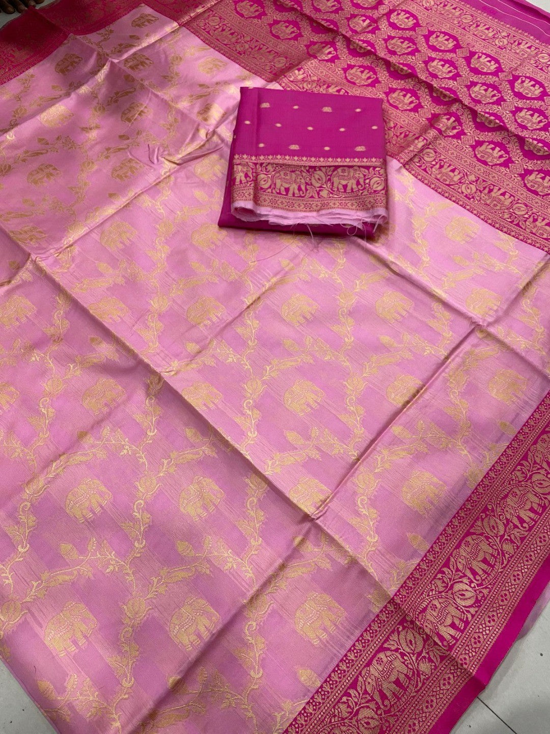 Elegant Pink Silk Blend Woven Zari Saree with Intricate Elephant Motifs