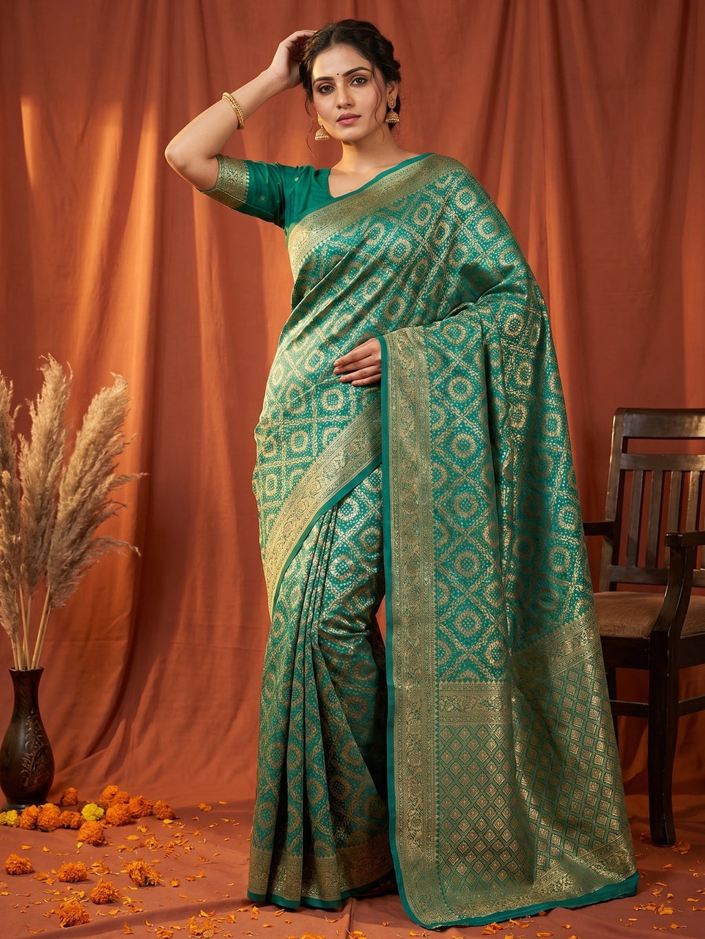 Classic Rama Green Silk Blend Saree with Zari Work Refined Festive Appeal