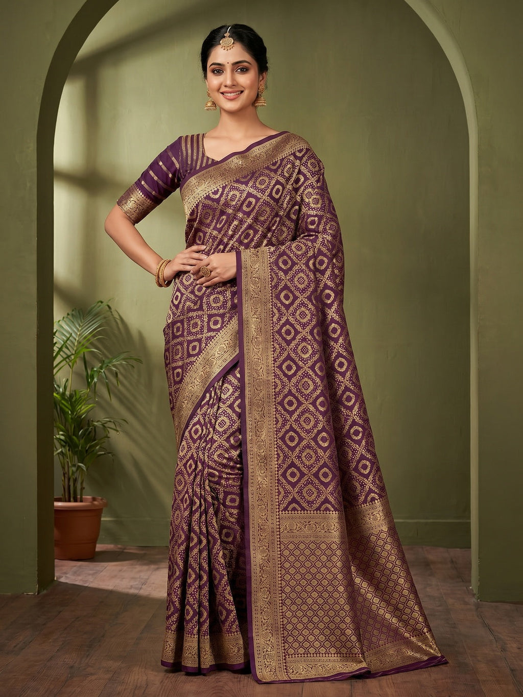 Classic Wine Silk Blend Saree with Zari Work Refined Festive Appeal