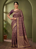 Classic Wine Silk Blend Saree with Zari Work Refined Festive Appeal