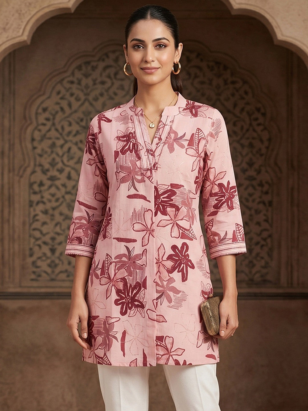 Premium Peach Rayon Top with Floral Design Elegant Casual Look