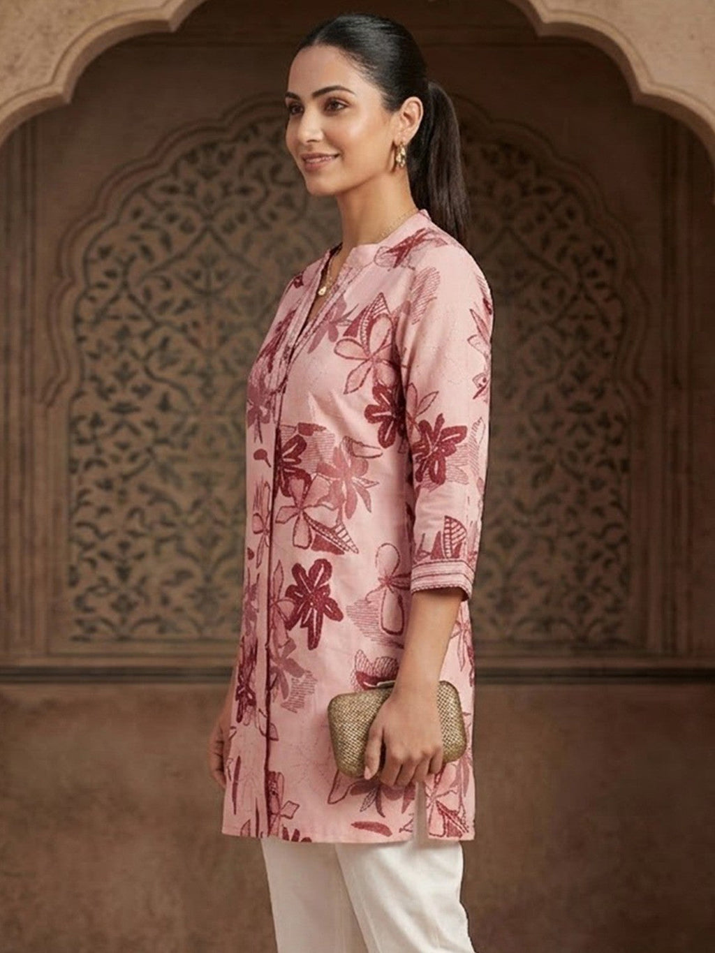 Premium Peach Rayon Top with Floral Design Elegant Casual Look