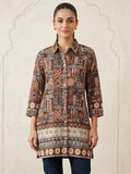 Stylish Brown Linen Top with Abstract Print Straight Fit Casual Wear