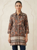 Stylish Brown Linen Top with Abstract Print Straight Fit Casual Wear