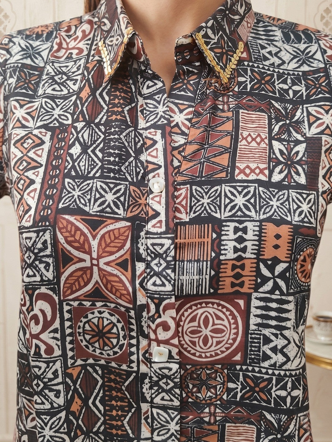 Stylish Brown Linen Top with Abstract Print Straight Fit Casual Wear