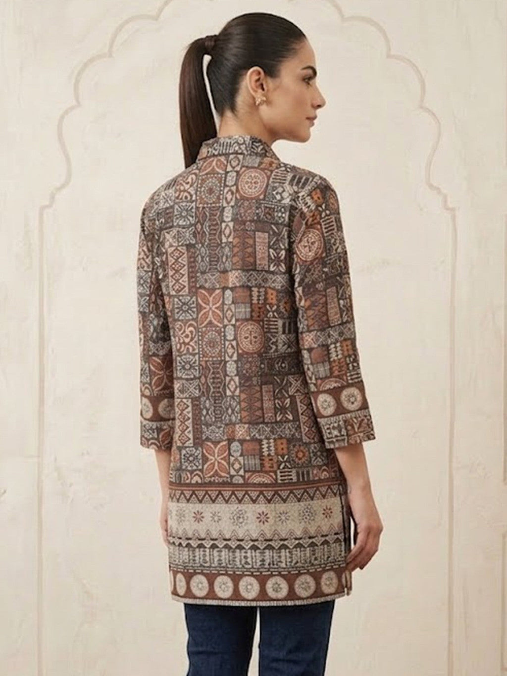 Stylish Brown Linen Top with Abstract Print Straight Fit Casual Wear