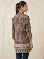 Stylish Brown Linen Top with Abstract Print Straight Fit Casual Wear