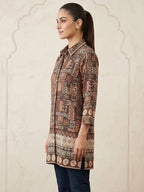 Stylish Brown Linen Top with Abstract Print Straight Fit Casual Wear