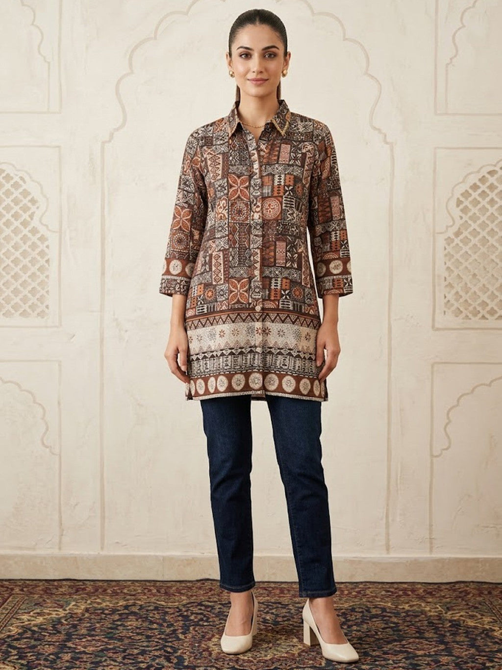 Stylish Brown Linen Top with Abstract Print Straight Fit Casual Wear