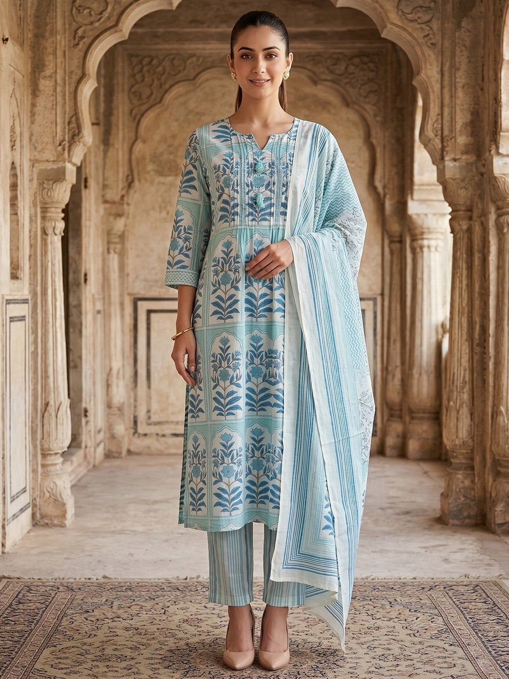 Blue Floral Printed Pure Cotton Salwar Suit Set Elegant Festive Wear