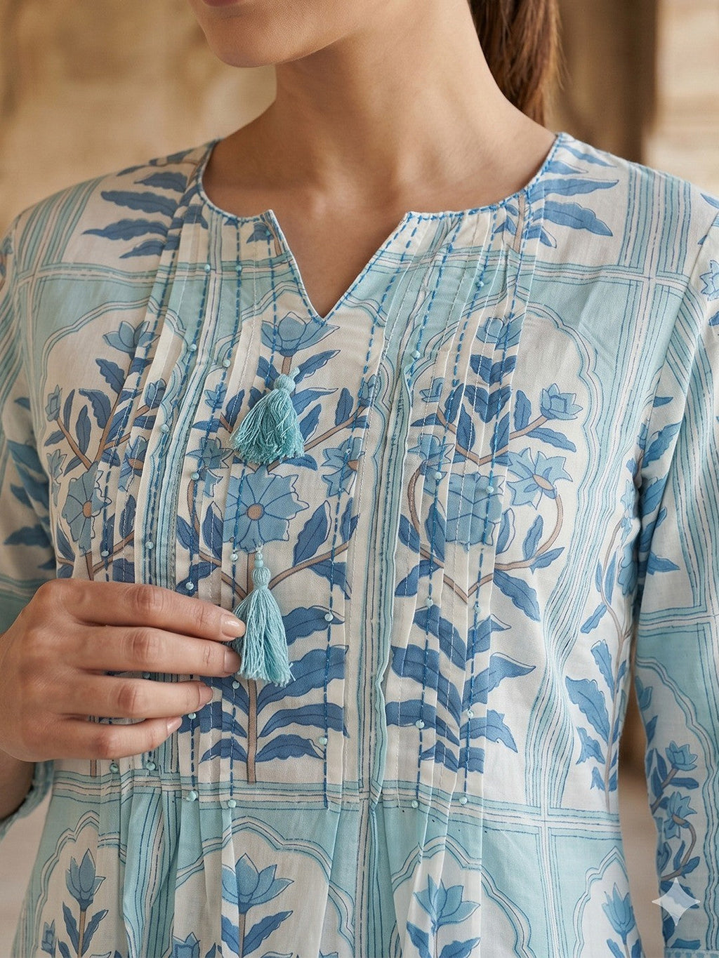 Blue Floral Printed Pure Cotton Salwar Suit Set Elegant Festive Wear