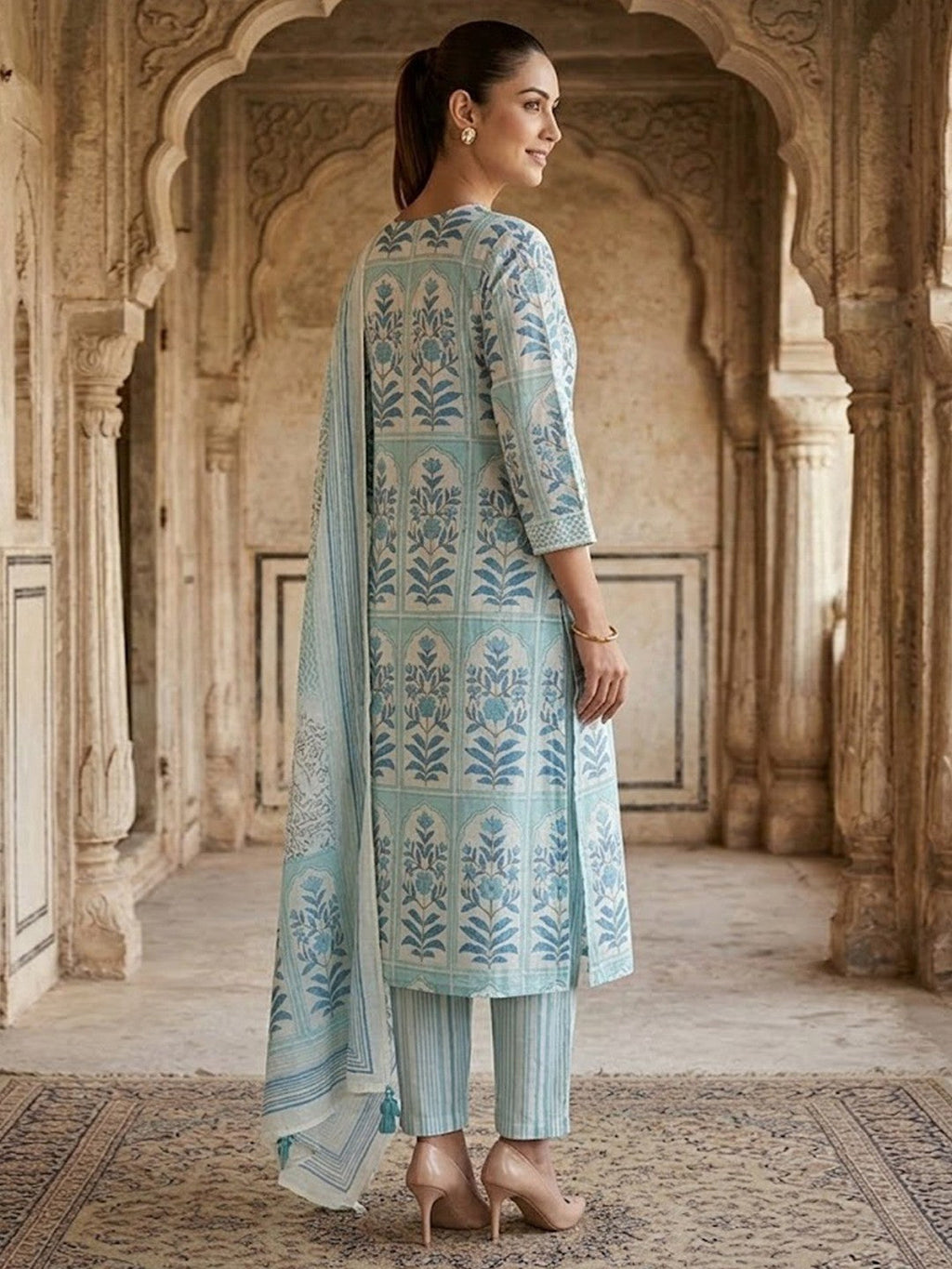 Blue Floral Printed Pure Cotton Salwar Suit Set Elegant Festive Wear