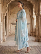 Blue Floral Printed Pure Cotton Salwar Suit Set Elegant Festive Wear