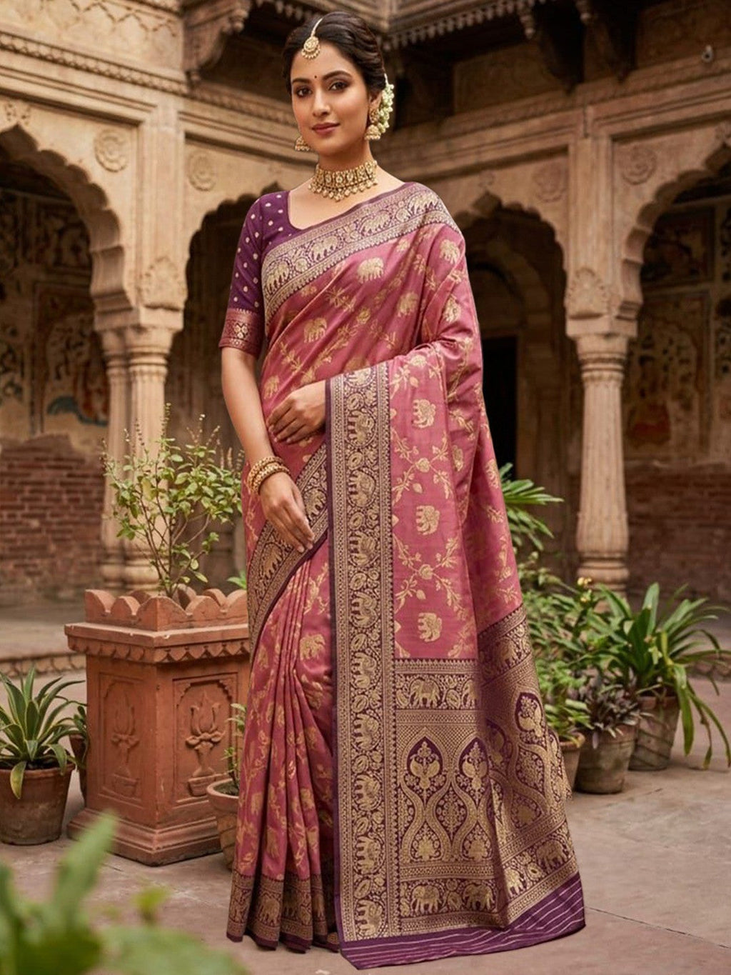 Elegant Mauve Silk Blend Woven Zari Saree with Intricate Elephant Motifs