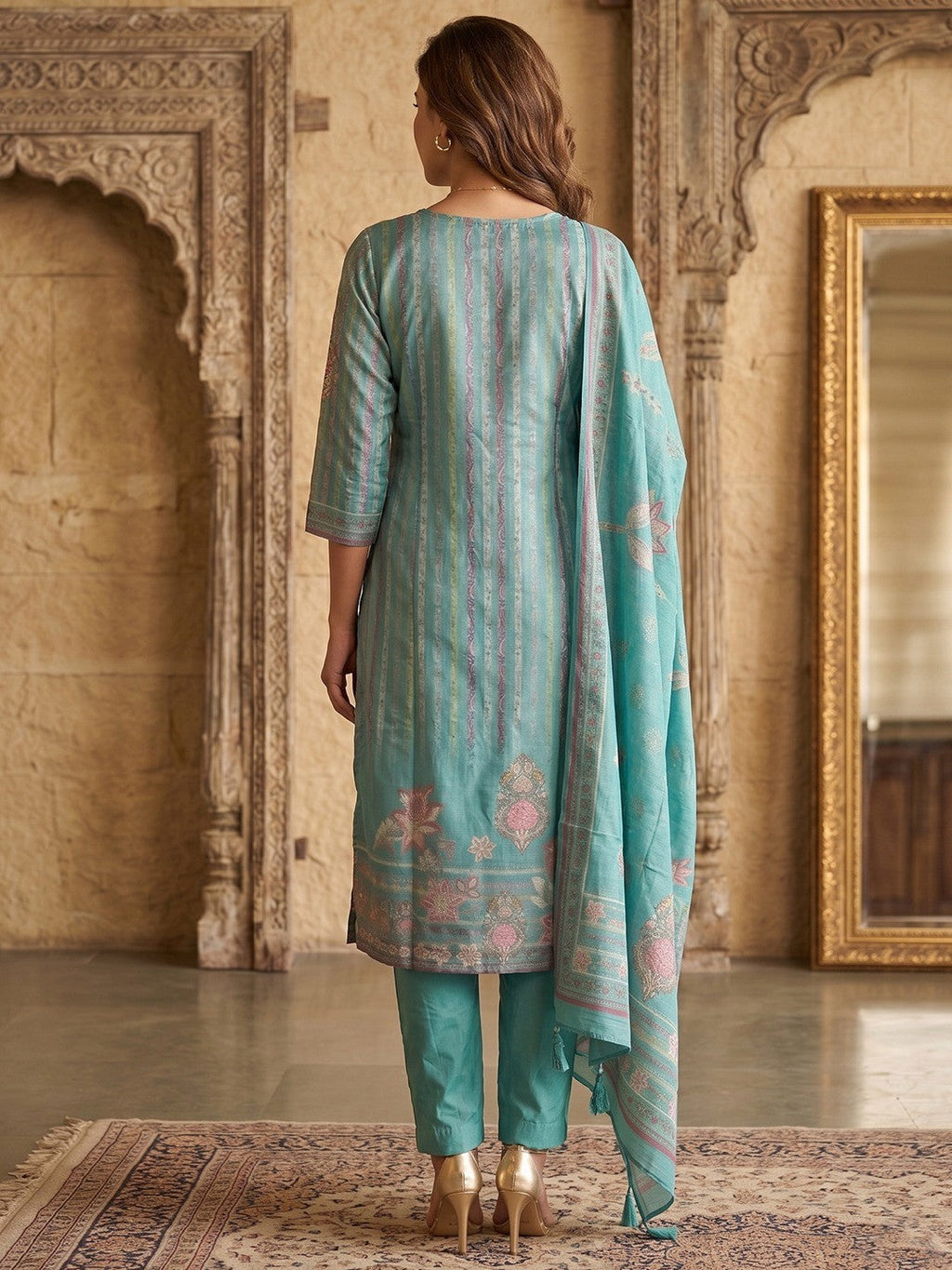 Turquoise Shimmer Straight Kurta Set with Dupatta Elegant Festive Ethnic Wear